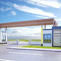 Modern Entrance Gate With Wooden Canopy White Walls Decorative Windows White Fence Blue Sky Grassland
