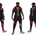 Game Movie Character In Black Red Outfit With Tattooed Arms Cap And White Pattern Pants