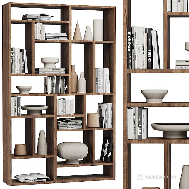 Modern Wooden Bookcase With Open Shelves Books Decorative Vases and Bowls 3d model 