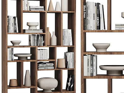 Modern Wooden Bookcase With Open Shelves Books Decorative Vases and Bowls 3d model