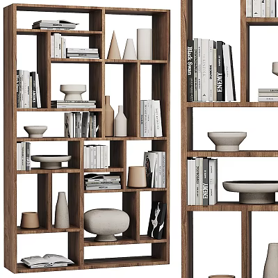 Modern Wooden Bookcase With Open Shelves Books Decorative Vases and Bowls 3d model