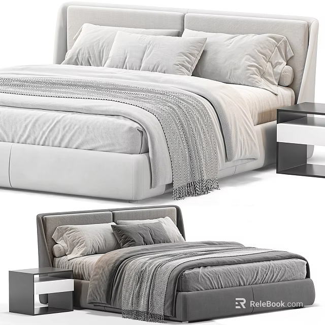 Modern Double Bed With Soft Headboard Gray Bedding And Matching Nightstand 3d model 