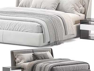 Modern Double Bed With Soft Headboard Gray Bedding And Matching Nightstand 3d model