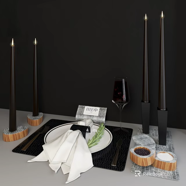 Elegant Modern Dinnerware Set With White Napkin Rosemary Wine Glass And Black Candles 3d model 