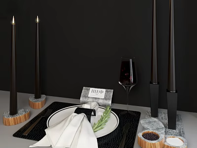 Elegant Modern Dinnerware Set With White Napkin Rosemary Wine Glass And Black Candles 3d model