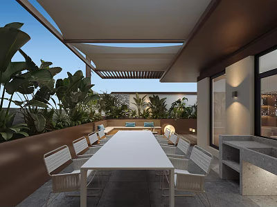 Villa Balcony Open Design With White Long Table Chairs Green Plants And Shade Structure 3d model