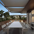 Villa Balcony Open Design With White Long Table Chairs Green Plants And Shade Structure