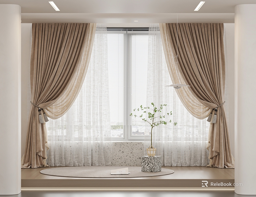Elegant Beige Curtains with Sheer Layers and Tiebacks by Window with Green Plant Vase 3d model 