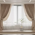 Elegant Beige Curtains with Sheer Layers and Tiebacks by Window with Green Plant Vase