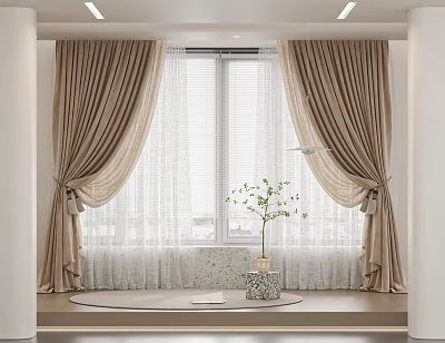 Elegant Beige Curtains with Sheer Layers and Tiebacks by Window with Green Plant Vase 3d model