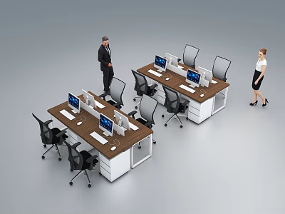 Modern Office Desks With Computer Monitors In Workspace For People Working 3d model