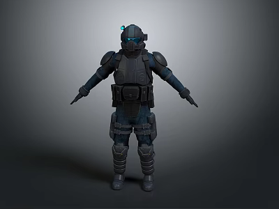 Futuristic Armored Character Standing With Glowing Blue Helmet And Body Armor 3d model