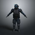 Futuristic Armored Character Standing With Glowing Blue Helmet And Body Armor