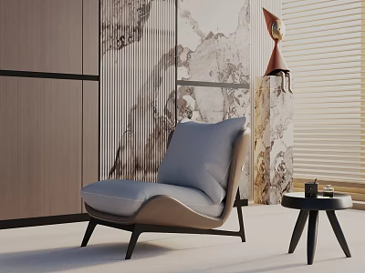 Modern Elegant Accent Chair With Marble Texture Wall Small Round Table And Decorative Ornament 3d model