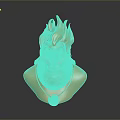 Game Movie Character Golden Bust Featuring Flame Like Head Detailed Facial Expression And Decorative Necklace
