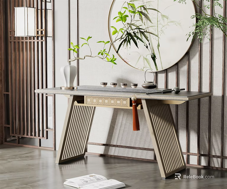 Traditional Chinese Console Table With Round Mirror Bamboo Plants And Wooden Frame 3d model 