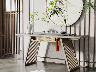 Traditional Chinese Console Table With Round Mirror Bamboo Plants And Wooden Frame 3d model