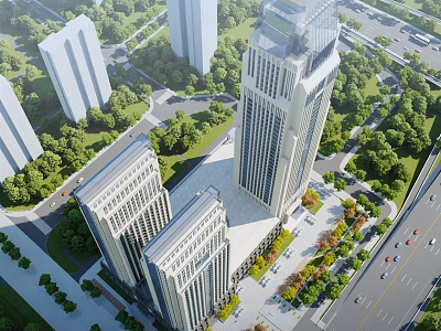 Aerial Planning of Modern Urban High rise Buildings With Green Spaces And Connected Roads 3d model