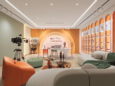 Wincai Makeup Academy Interior With Camera Display Shelves Sofa And Trophy 3d model