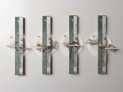 Modern Green And White Wall Decor Set Of Four With Vertical Panels And Circular Accents 3d model