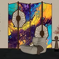 Middle Ancient Style Screen Middle Ancient Style Partition Screen Partition Sofa Plant Floor Lamp 3d model