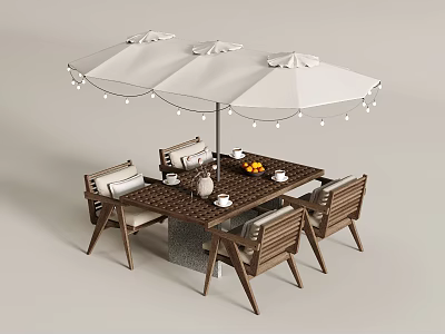 Outdoor Wooden Dining Set with White Umbrella String Lights Fruit and Cups 3d model