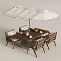 Outdoor Wooden Dining Set with White Umbrella String Lights Fruit and Cups