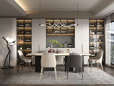Modern Restaurant Interior Design With Dining Table Chairs Hanging Pendant Lights And Wine Racks 3d model