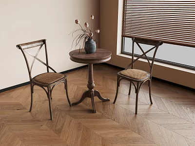 Classic Wooden Round Table with Cross Back Chairs and Vase on Herringbone Floor 3d model