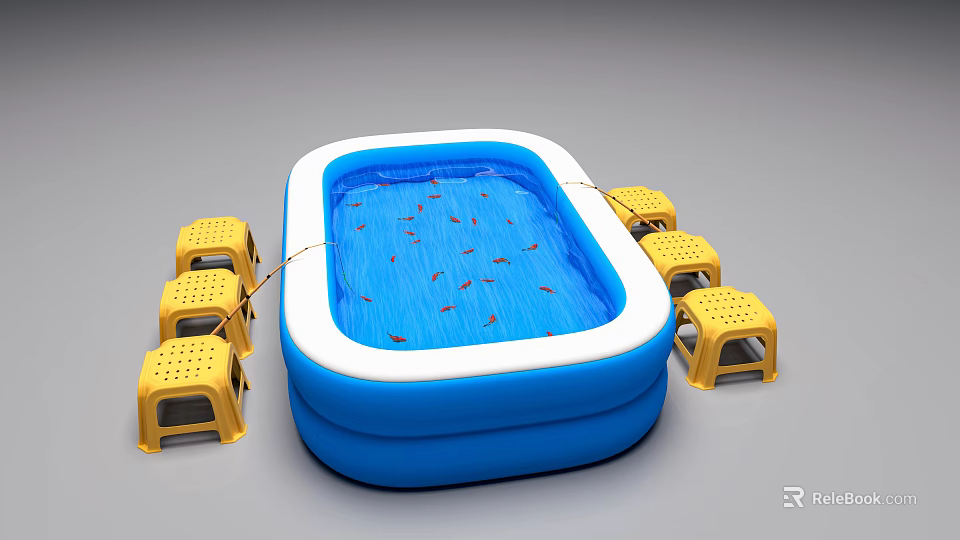 Interactive Area With Blue Inflatable Pool Yellow Plastic Stools Blue Water And Small Fish 3d model