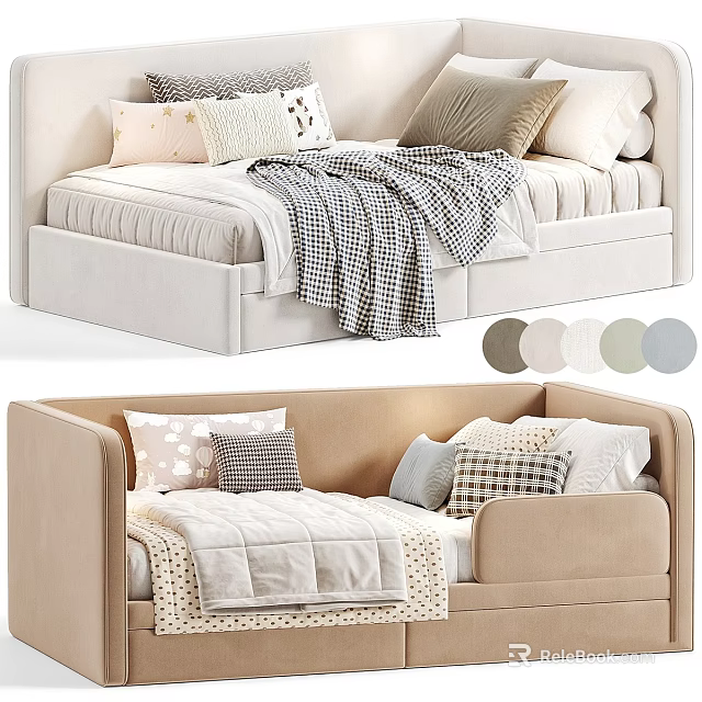 Cozy Kids Bed With Upholstered Headboard Multiple Pillows And Soft Blanket In Beige White Tones 3d model 