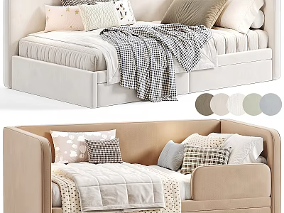 Cozy Kids Bed With Upholstered Headboard Multiple Pillows And Soft Blanket In Beige White Tones 3d model