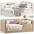 Cozy Kids Bed With Upholstered Headboard Multiple Pillows And Soft Blanket In Beige White Tones