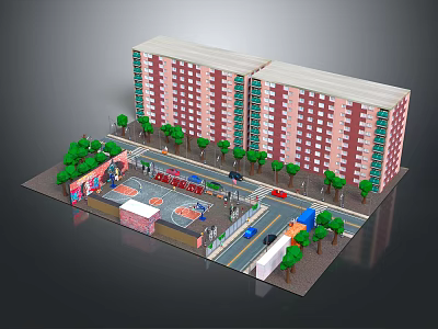 3D Model of Residential Complex with Apartment Buildings Trees Basketball Court Roads and Vehicles 3d model
