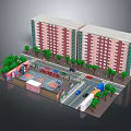 3D Model of Residential Complex with Apartment Buildings Trees Basketball Court Roads and Vehicles