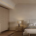 Modern Minimalist Bedroom Interior With White Bed Textured Wall Decor And Storage Cabinets