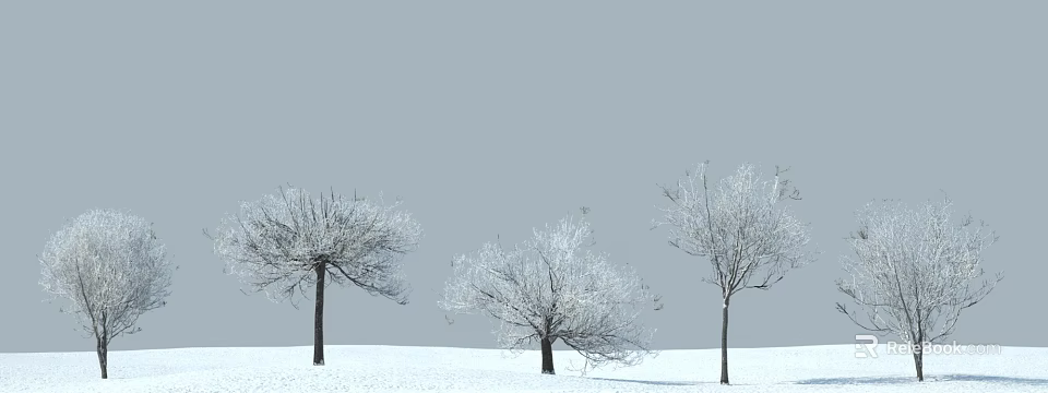 Snow Covered Trees Standing On Snowy Ground Under Gray Sky 3d model
