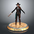 The Harpers Game Movie Character In Leather Outfit With Hat Holding Scythe Weapon On Base
