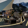 Scenic Mountain Backdrop Bar With Outdoor Seating Night View And Ambient Lighting Decor