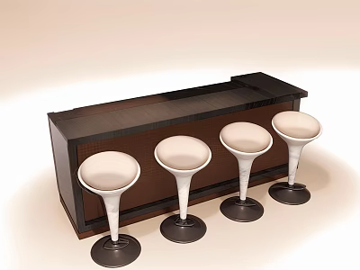 Modern Bar Table Set With Dark Wooden Top And Four White High Stools 3d model