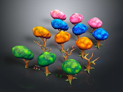 Colorful Trees with Pink Blue Orange Green Canopies and Brown Branched Trunks on Dark Background 3d model