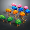Colorful Trees with Pink Blue Orange Green Canopies and Brown Branched Trunks on Dark Background