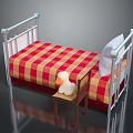 Children's Bed With White Metal Frame Red White Checkered Bedspread Small Chair And Toy Duck
