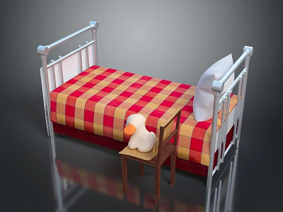 Children's Bed With White Metal Frame Red White Checkered Bedspread Small Chair And Toy Duck 3d model