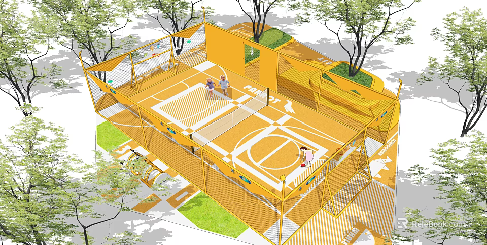 Modern Yellow Outdoor Basketball Court For Fitness With People Exercising And Trees 3d model 
