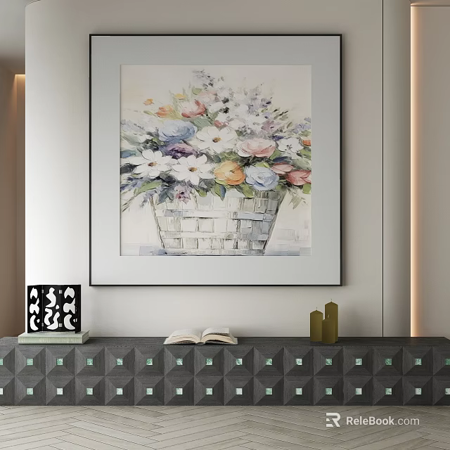 Abstract Painting Of Colorful Flower Basket In White Frame On Decorative Wall 3d model 