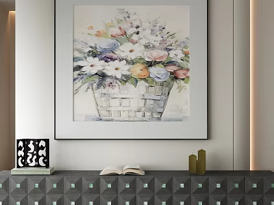 Abstract Painting Of Colorful Flower Basket In White Frame On Decorative Wall 3d model