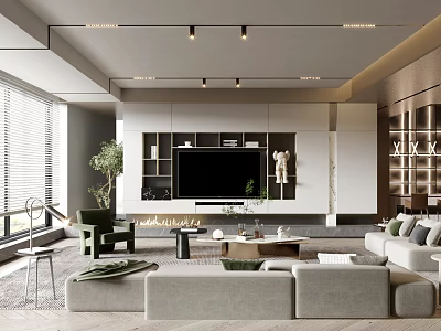 Modern Living Room Interior Design With Grey Sofa Coffee Table And Green Plant 3d model
