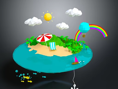 Tropical Island Natural Scene With Palm Trees Sunshade Beach Chair Ocean Sun Rainbow And Sailboat 3d model