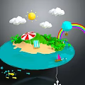 Tropical Island Natural Scene With Palm Trees Sunshade Beach Chair Ocean Sun Rainbow And Sailboat